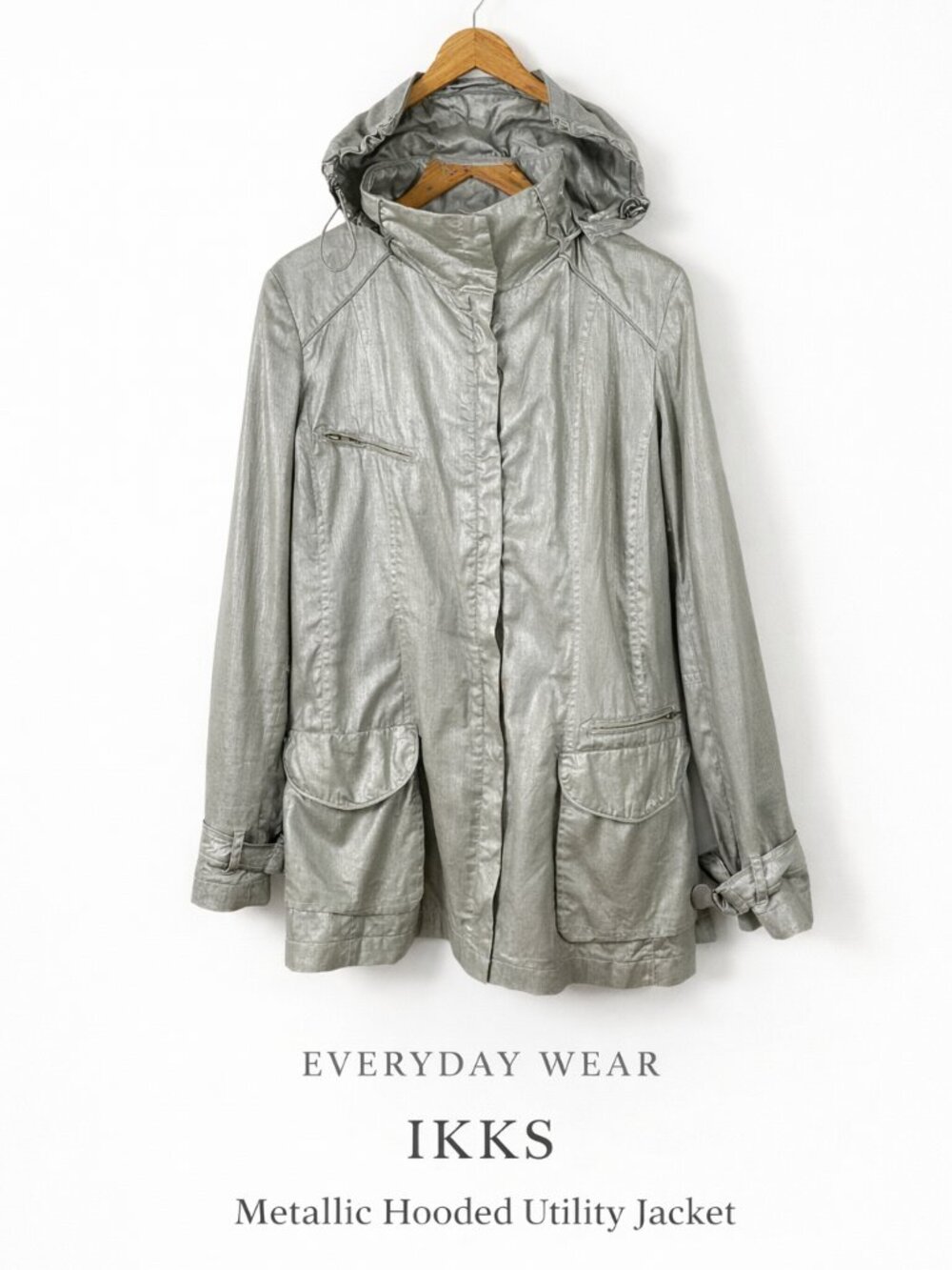 IKKS Metallic Hooded Jacket Belted Ramie Utility Coat Size 42 US M